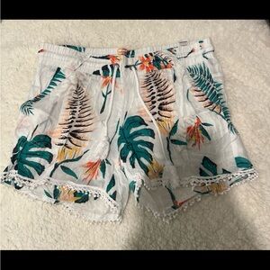 High Waist White and Green Tropical Print Shorts